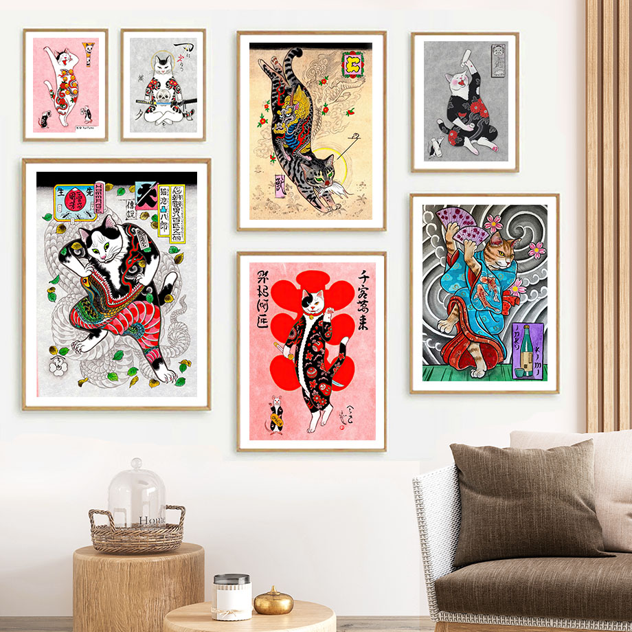 Japanese Traditional Lifestyle - Japon Samuray Kedi Duvar Sanatı Ukiyo-e